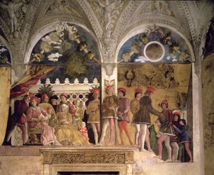 Marchese Ludovico Gonzaga III de Mantoue (règne 1444-78), sa femme Barbara de Brandebourg, enfants, courtisans et leur chien Rubino, de la Camera degli Sposi ou Camera Picta, 1465-74 (détail)